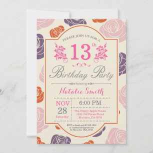 Floral 13.ª invitación de cumpleaños rosas rosadas