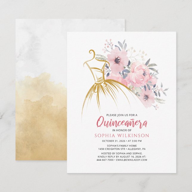 Floral 15 cumpleaños Faux Gold Vress Moderno (Anverso / Reverso)