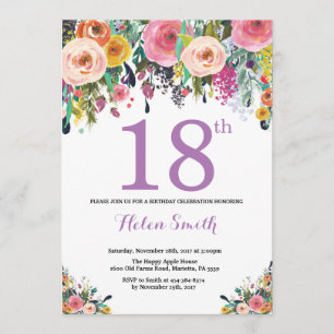 Floral 18.ª invitación de cumpleaños morado