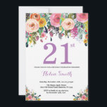 Floral 21ª invitación de cumpleaños púrpura<br><div class="desc">Invitación floral 21º cumpleaños para mujeres. Flor floral acuarela. Rosa,  Amarillo,  Naranja,  Flor Púrpura. Cumpleaños de adultos. 30.º 40.º 50.60.º 70.º 80.90.100.º 13.º 15.º 16.º 20.º 21. Para una mayor personalización,  haga clic en el botón "Personalizar" y utilice nuestra herramienta de diseño para modificar esta plantilla.</div>