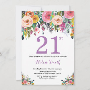 Floral 21ª invitación de cumpleaños púrpura