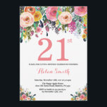 Floral 21ª Invitación de cumpleaños Rosa<br><div class="desc">Invitación floral 21º cumpleaños para mujeres. Flor floral acuarela. Rosa,  Amarillo,  Naranja,  Flor Púrpura. Cumpleaños de adultos. 30.º 40.º 50.60.º 70.º 80.90.100.º 13.º 15.º 16.º 20.º 21. Para una mayor personalización,  haga clic en el botón "Personalizar" y utilice nuestra herramienta de diseño para modificar esta plantilla.</div>