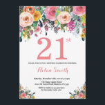 Floral 21ª Invitación de cumpleaños Rosa<br><div class="desc">Invitación floral 21º cumpleaños para mujeres. Flor floral acuarela. Rosa,  Amarillo,  Naranja,  Flor Púrpura. Cumpleaños de adultos. 30.º 40.º 50.60.º 70.º 80.90.100.º 13.º 15.º 16.º 20.º 21. Para una mayor personalización,  haga clic en el botón "Personalizar" y utilice nuestra herramienta de diseño para modificar esta plantilla.</div>