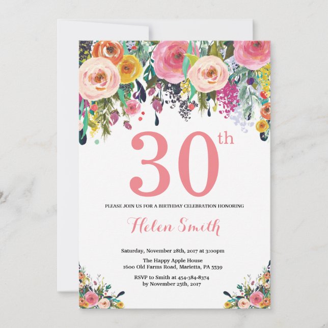 Floral 30 cumpleaños invitación rosa (Anverso)