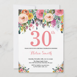 Floral 30 cumpleaños invitación rosa