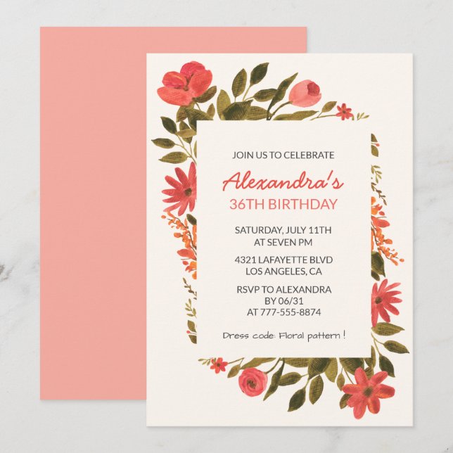 Floral 36 invitaciones de cumpleaños Boho Elegant (Anverso / Reverso)