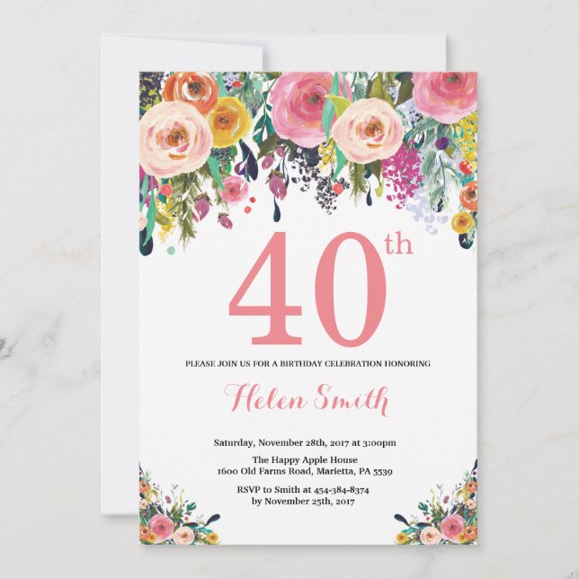 Floral 40.ª invitación de cumpleaños color rosa (Anverso)