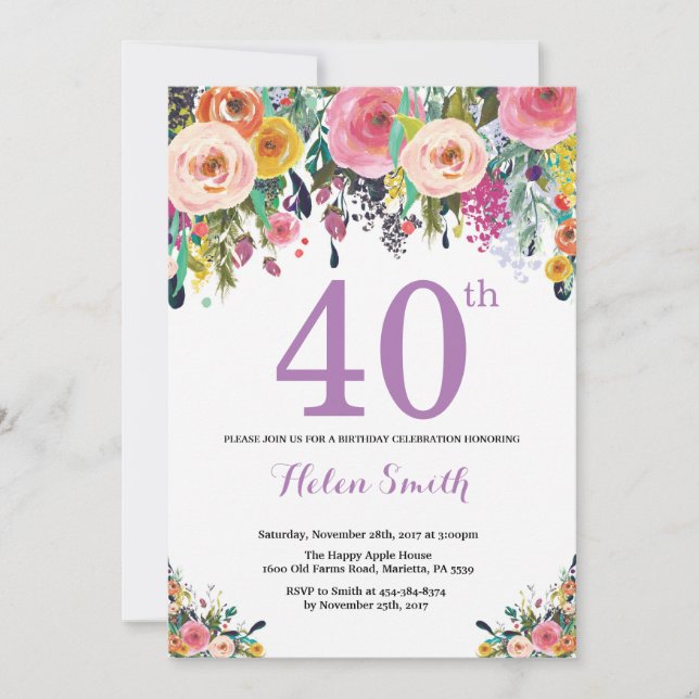 Floral 40.ª invitación de cumpleaños morado (Anverso)