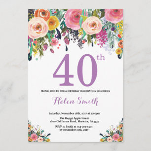 Floral 40.ª invitación de cumpleaños morado
