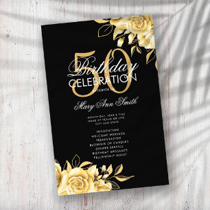 Floral 50º Programa de Cumpleaños Oro y Negro con