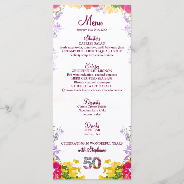 Floral 50th Birthday Menu Card elegante 50 años (Anverso)