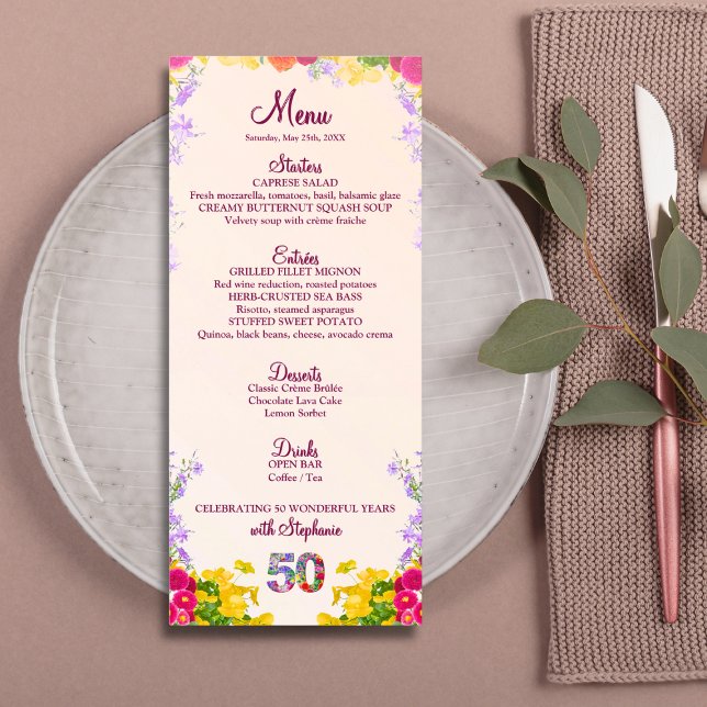 Floral 50th Birthday Menu Card elegante 50 años (Subido por el creador)
