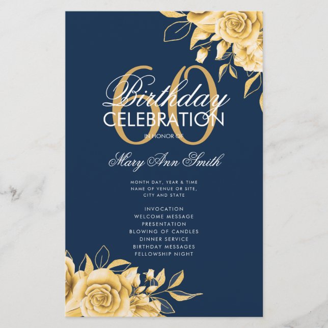 Floral 60º Programa de cumpleaños Gold & Navy con  (Frente)