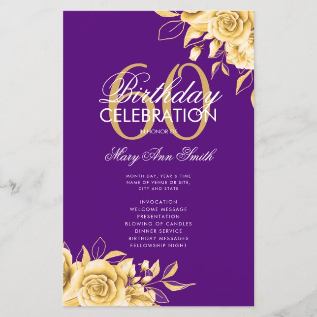 Floral 60º programa de cumpleaños Gold & Purple co (Anverso)