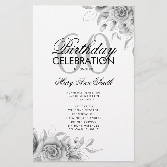 Floral 60º Programa de Cumpleaños Plata con Menú (Frente)