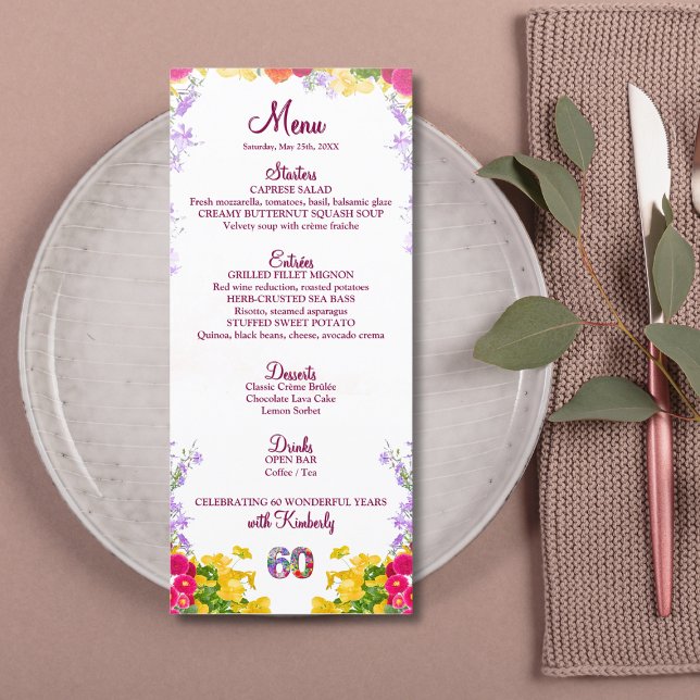 Floral 60th Birthday Menu Card elegante 60 años (Subido por el creador)