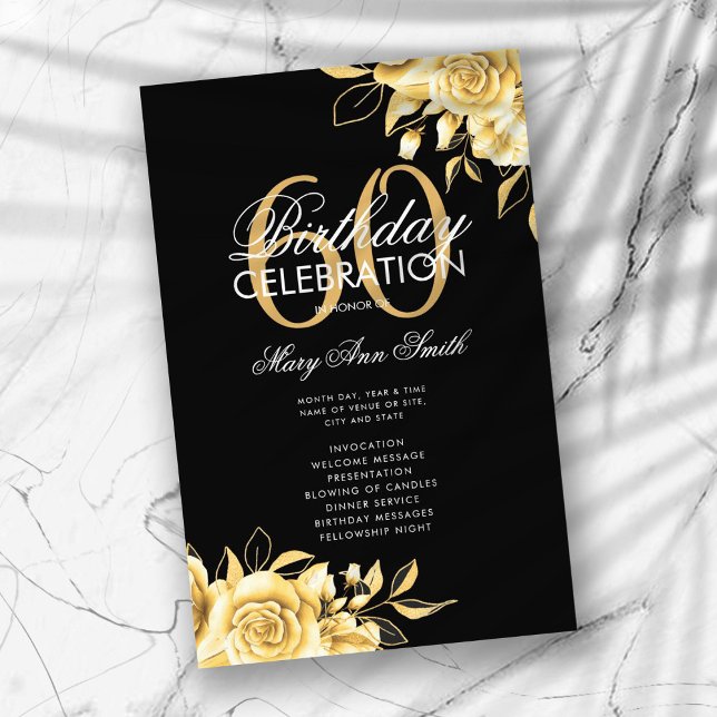 Floral 60th Birthday Program Gold & Black con Menú (Subido por el creador)
