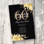 Floral 60th Birthday Program Gold & Black con Menú<br><div class="desc">Elegante diseño "Programa de fiesta de cumpleaños" con Arreglo floral en oro con texto personalizado.</div>