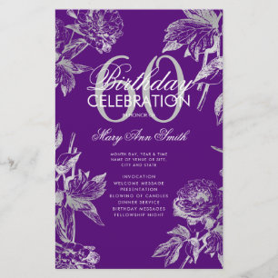 Floral 60th Birthday Program Plata Menú Púrpura