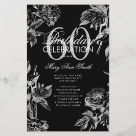 Floral 60th Birthday Program Silver Black Menu