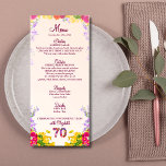 Floral 70th Birthday Menu Card elegante 70 años<br><div class="desc">Floral 70th Birthday Menu Card elegante 80 años. Celebre un hito especial con esta elegante carta de menú de personalizable, perfecta para una fiesta de cumpleaños número 70. En la parte delantera hay secciones muy bien diseñadas para entrantes, entrantes, postres y bebidas. La parte trasera ofrece un mensaje sincero. Esta...</div>