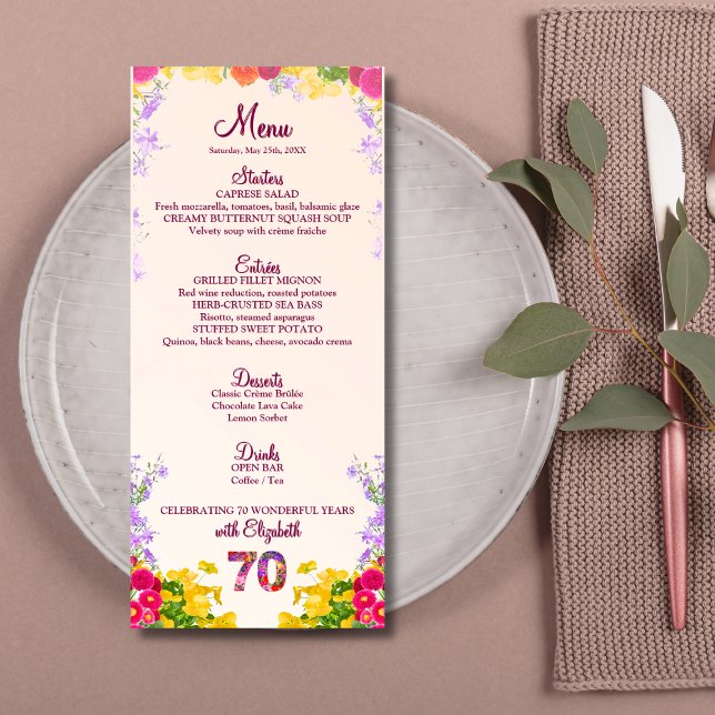 Floral 70th Birthday Menu Card elegante 70 años (Subido por el creador)