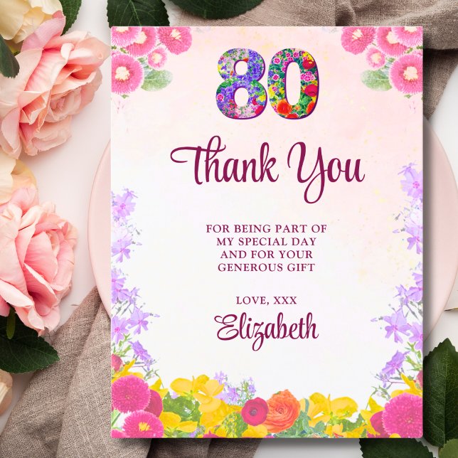 Floral 80º cumpleaños gracias tarjeta 80 flor moda (Subido por el creador)