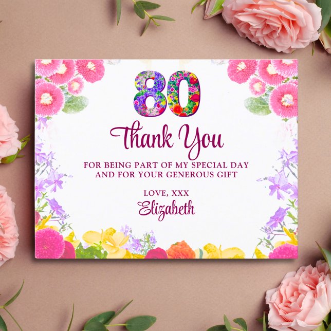 Floral 80º cumpleaños gracias tarjeta 80 flor moda (Subido por el creador)