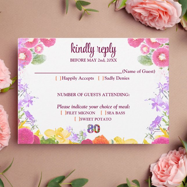 Floral 80º cumpleaños tarjeta RSVP 80 elegante (Subido por el creador)