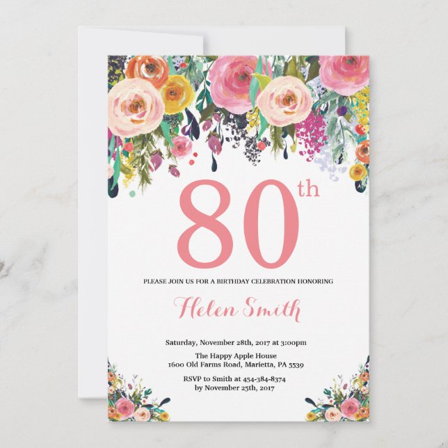 Floral 80 cumpleaños Invitación rosa (Anverso)