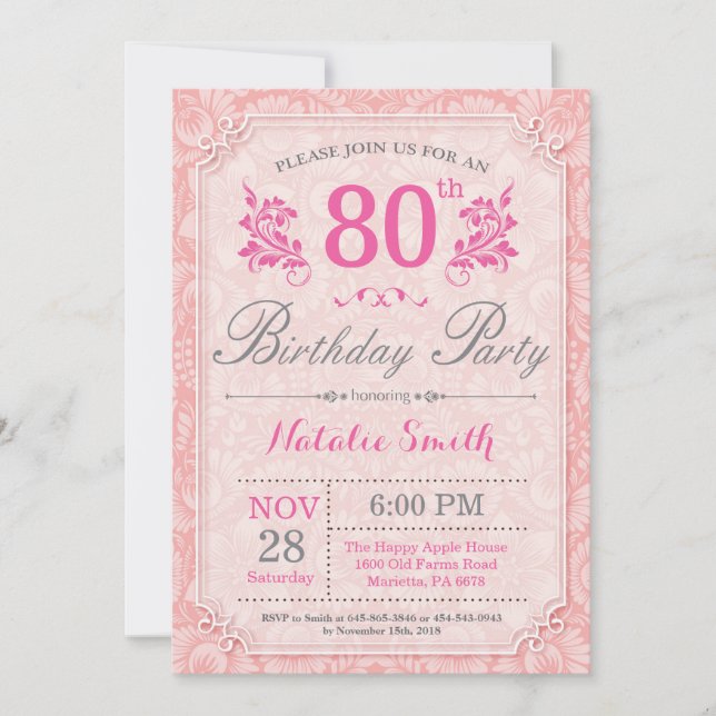 Floral 80 cumpleaños Invitación rosada para mujere (Anverso)