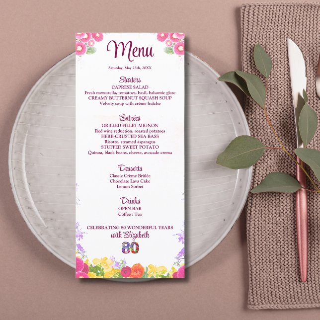 Floral 80th Birthday Menu Card elegante 80 años (Subido por el creador)