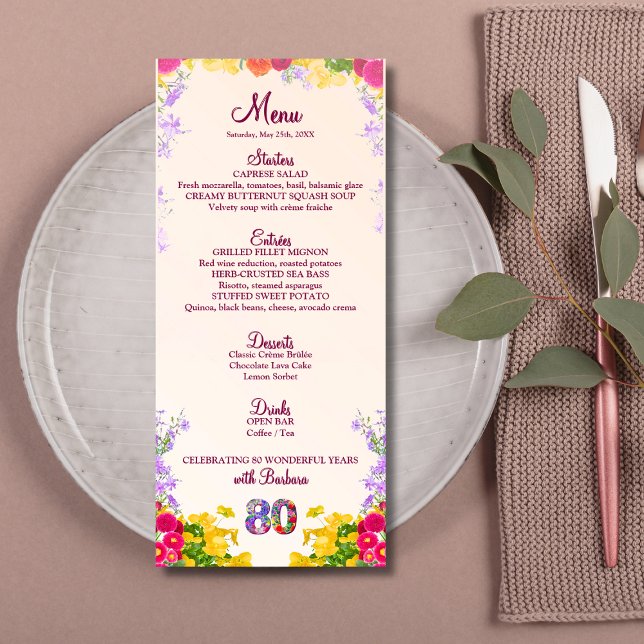 Floral 80th Birthday Menu Card elegante 80 años (Subido por el creador)