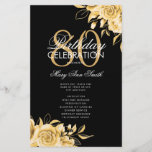 Floral 80th Birthday Program Gold & Black con Menú<br><div class="desc">Elegante diseño "Programa de fiesta de cumpleaños" con Arreglo floral en oro con texto personalizado.</div>