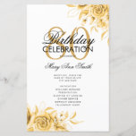 Floral 80th Birthday Program Gold con Menú<br><div class="desc">Elegante diseño "Programa de fiesta de cumpleaños" con Arreglo floral en oro con texto personalizado.</div>