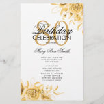 Floral 80th Birthday Program Gold con Menú<br><div class="desc">Elegante diseño "Programa de fiesta de cumpleaños" con Arreglo floral en oro con texto personalizado.</div>