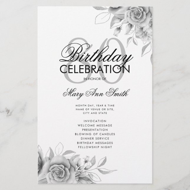 Floral 80th Birthday Program Plata con Menú (Frente)