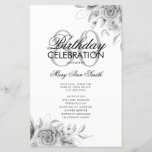 Floral 80th Birthday Program Plata con Menú<br><div class="desc">Elegante diseño "Programa de fiesta de cumpleaños" con Arreglo floral en plata con texto personalizado.</div>