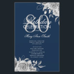 Floral 80th Birthday Program Silver Navy con Menú<br><div class="desc">Elegante "Programa de Fiesta de Cumpleaños" con Arreglo Floral en la Marina de Plata con texto personalizado.</div>