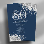 Floral 80th Birthday Program Silver Navy con Menú<br><div class="desc">Elegante diseño "Programa de fiesta de cumpleaños" con Arreglo floral en plata con texto personalizado.</div>