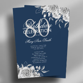 Floral 80th Birthday Program Silver Navy con Menú