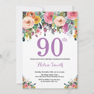 Floral 90.ª invitación de cumpleaños morado
