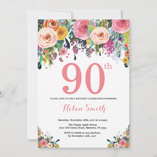 Floral 90 cumpleaños Invitación rosa (Anverso)