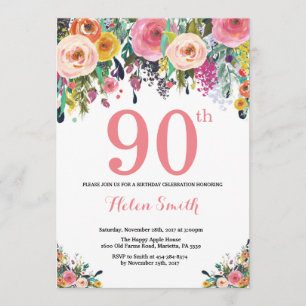 Floral 90 cumpleaños Invitación rosa