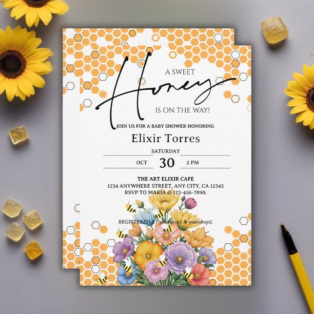 Floral A Sweet Honey Aee Invitación Baby Shower (Subido por el creador)