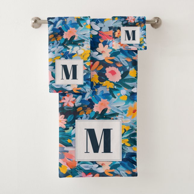 Floral abstrata rosa y azul audaz monogramado (In situ)