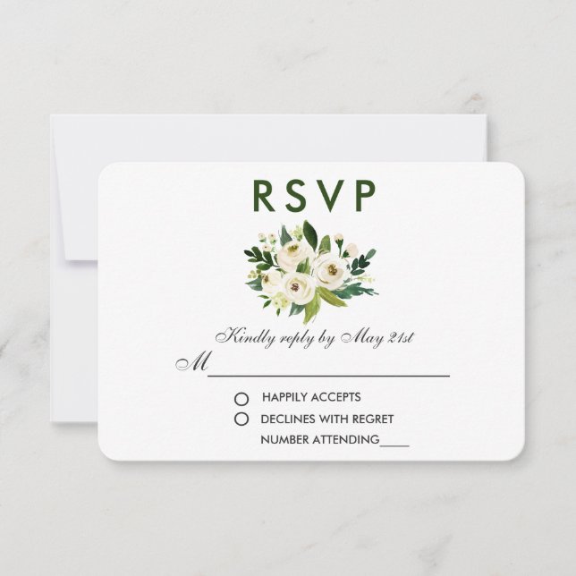 Floral acuarela Boda blanca verde RSVP (Anverso)