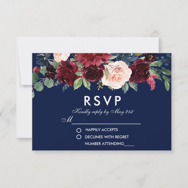Floral acuarela Borgoña Boda Azul RSVP (Anverso)