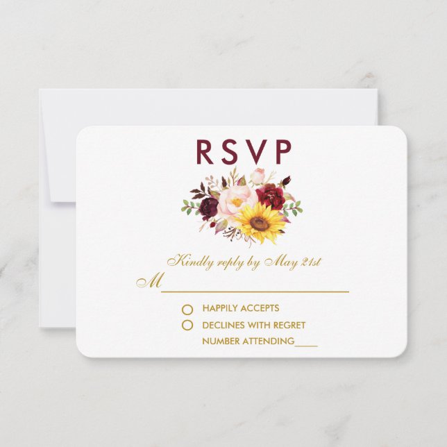 Floral acuarela Borgoña Boda Gold RSVP (Anverso)