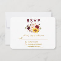 Floral acuarela Borgoña Boda Gold RSVP